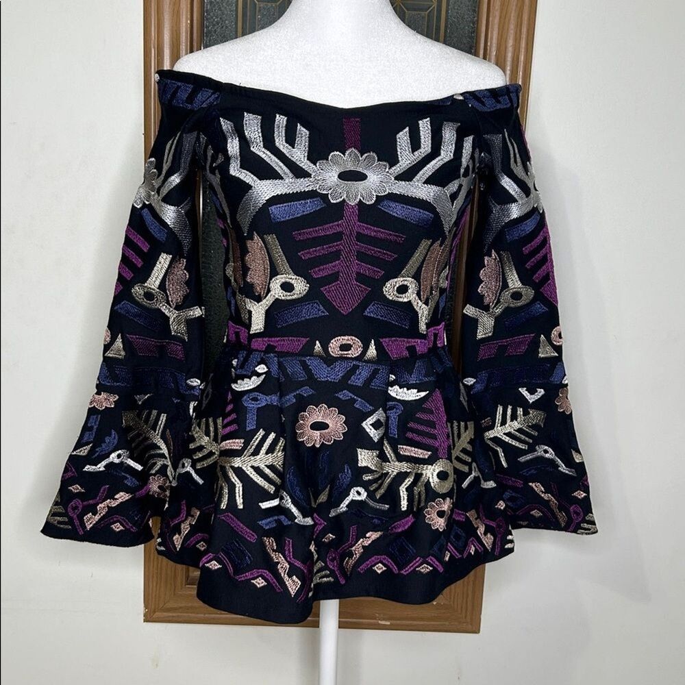 VENUS Embroidered Off Shoulder Bell Sleeve Ruffle Top XS Purple Black Aztec